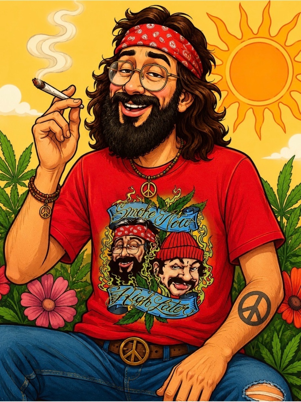 Liquid Blue Red Graphic Tee with Cheech & Chong